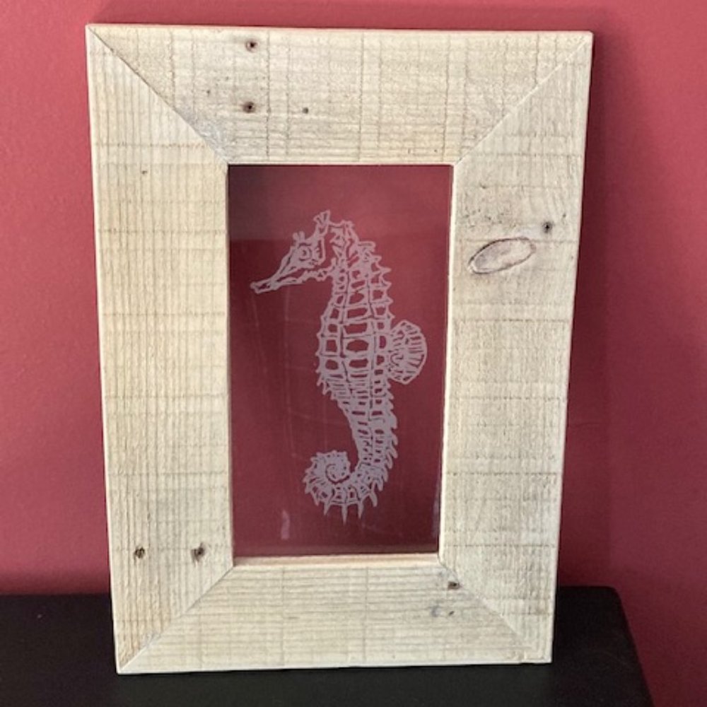Seahorse Handmade Etched Glass & Wood Frame Art - Industrial / Farmhouse style